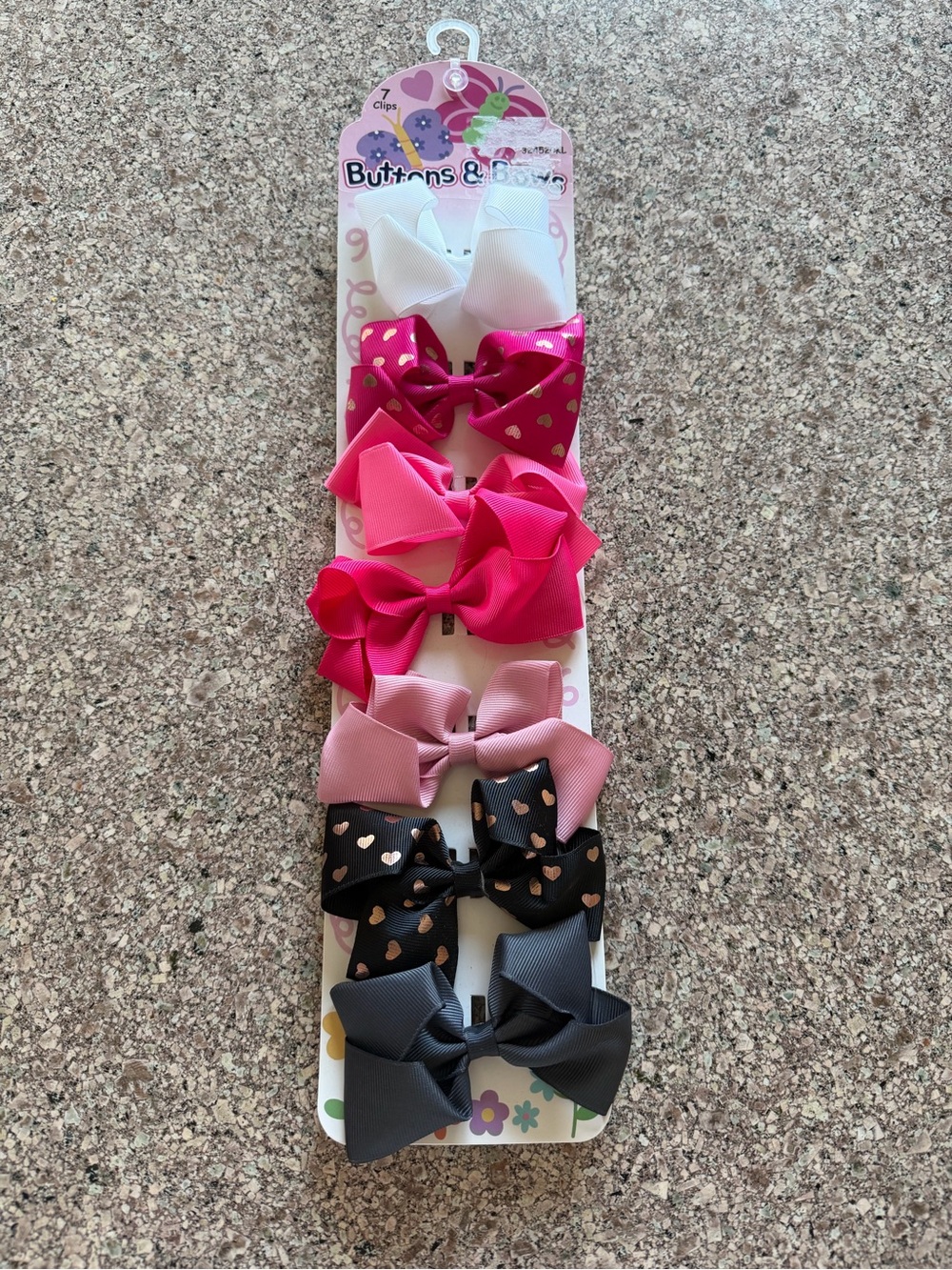 Girls 7-Pack Heart Accent Bow Clips in White, Hot Pink, Light Pink & Black -